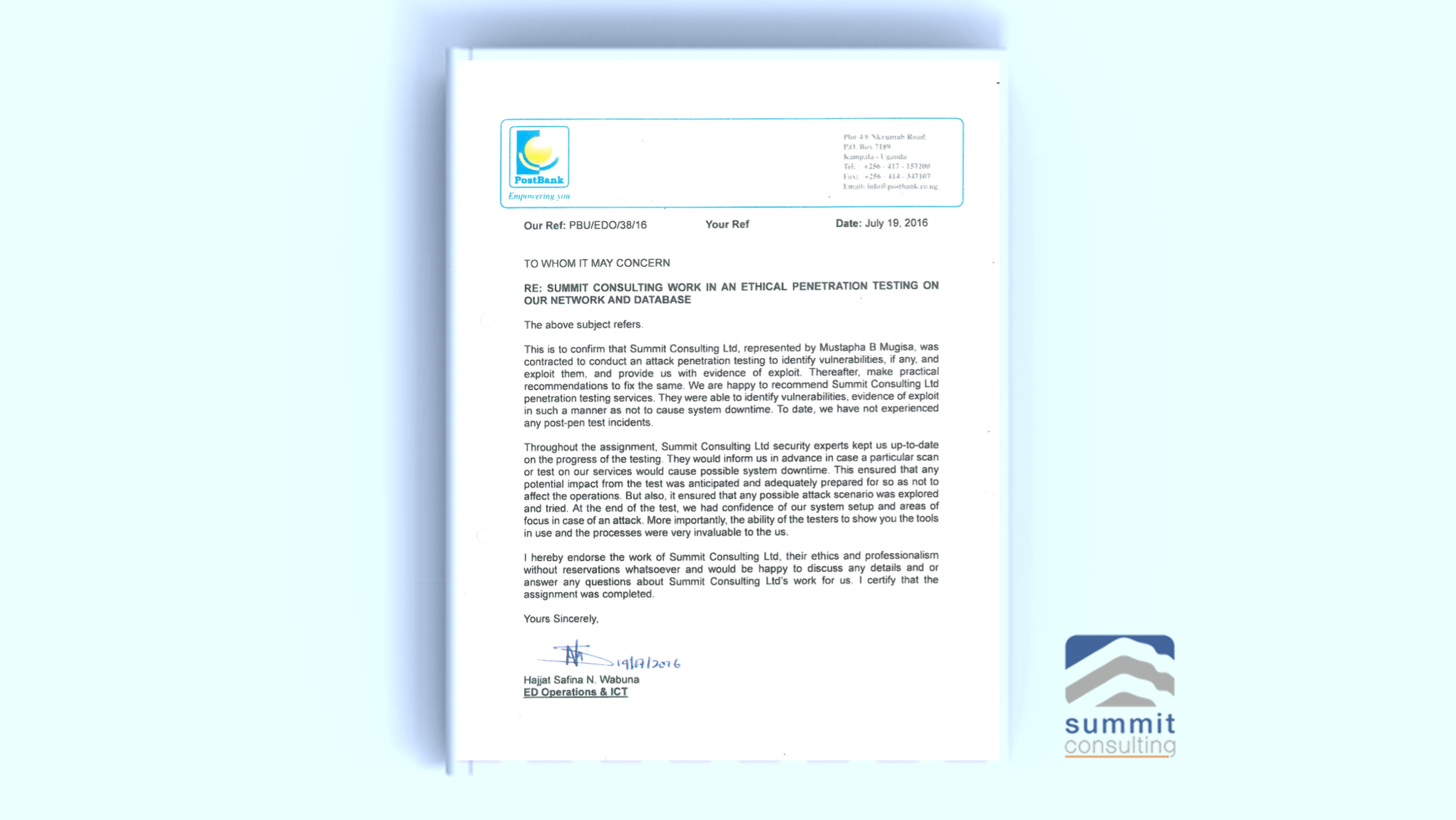 Summit Consulting Work in an Ethical Penetration Testing On Our Network and Database